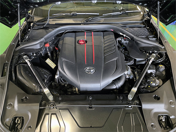 HKS Carbon Brace front set 83001-AT002 installed in GR Supra engine bay