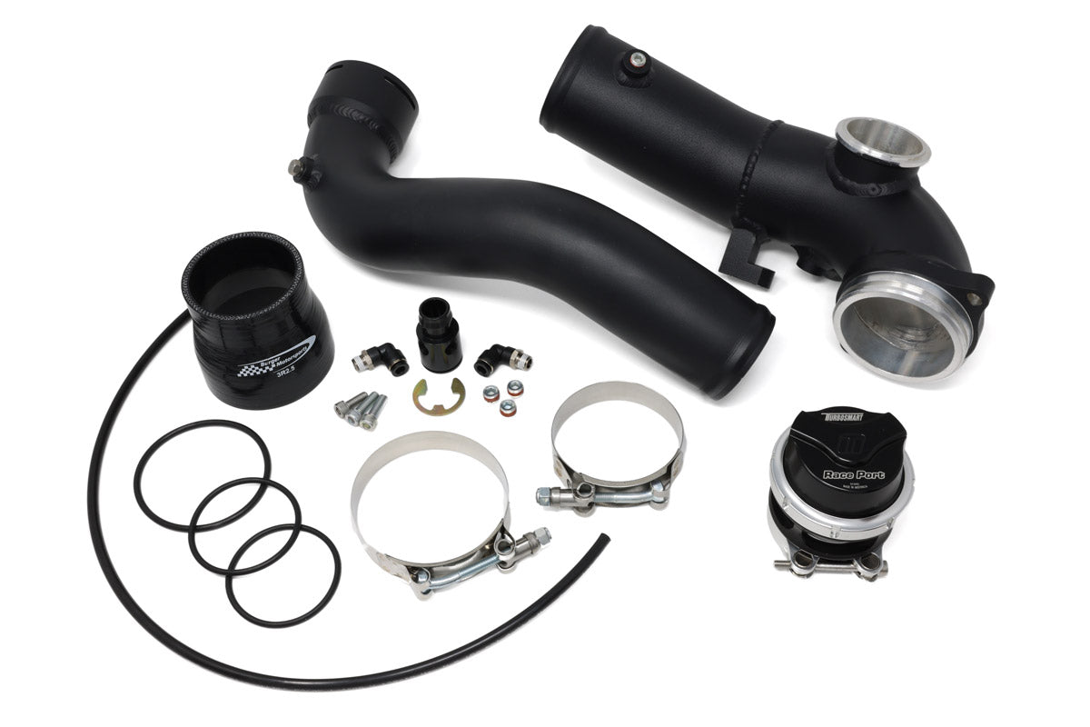 BMS B58TU charge pipe BOV kit contents with fittings, tubing and hardware