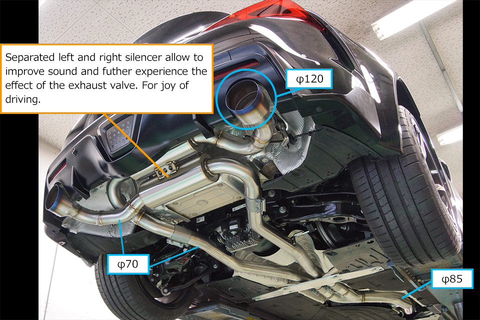 HKS Dual Muffler 31014-KT001 separated dual layout installed underside