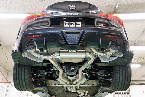 HKS Dual Muffler 31014-KT001 rear view on Toyota GR Supra A90
