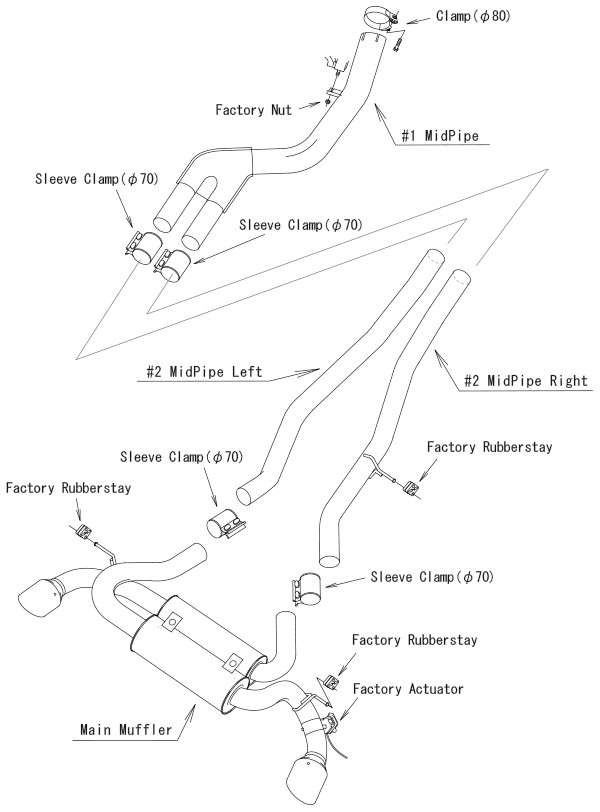 HKS Dual Muffler 31014-KT001 layout drawing